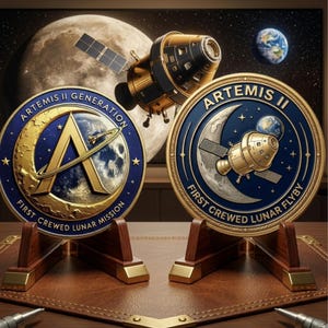 May include: Two commemorative coins with gold and blue designs, featuring the Artemis II mission. One coin displays a stylized 'A' and a spacecraft orbiting the moon. The other coin shows a spacecraft and the Earth. Both coins are displayed on wooden stands.