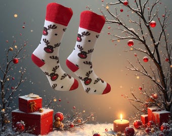 Santa Reindeer Socks, Christmas Reindeer Patterned Socks, Christmas Family Socks for Unisex, Christmas Gift Socks, Christmas Gift Socks