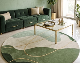 Alfombra redonda de lana tejida a mano – Alfombra moderna abstracta en tonos pastel de color verde, alfombra escandinava hecha a mano, alfombra circular suave y contemporánea para la sala de estar.