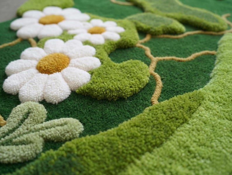 Handgetufteter Moosteppich, botanischer Blumenteppich mit 3D-Textur, Natur inspiriert Boho-Dekor, Cottagecore, Wald-Thema, handgemachter Wollteppich Bild 1