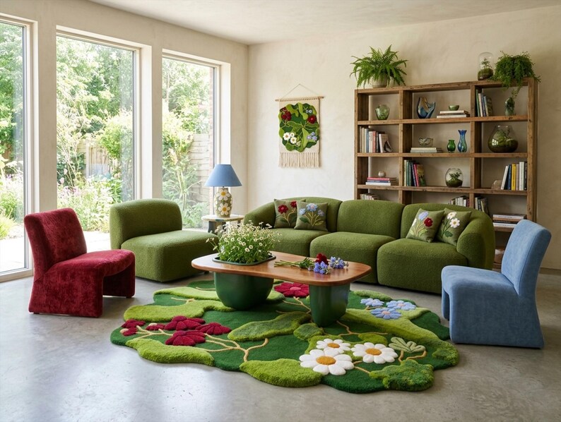 Handgetufteter Moosteppich, botanischer Blumenteppich mit 3D-Textur, Natur inspiriert Boho-Dekor, Cottagecore, Wald-Thema, handgemachter Wollteppich Bild 4