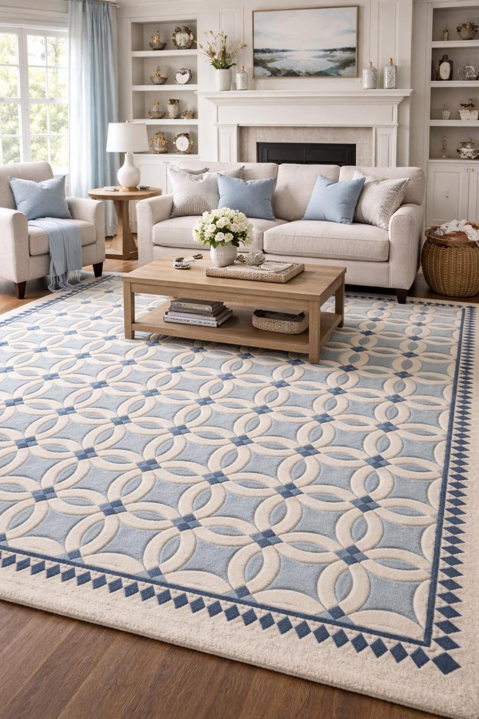 Hand Tufted Blue and Ivory Geometric Rug–modern Coastal Area Rug ...