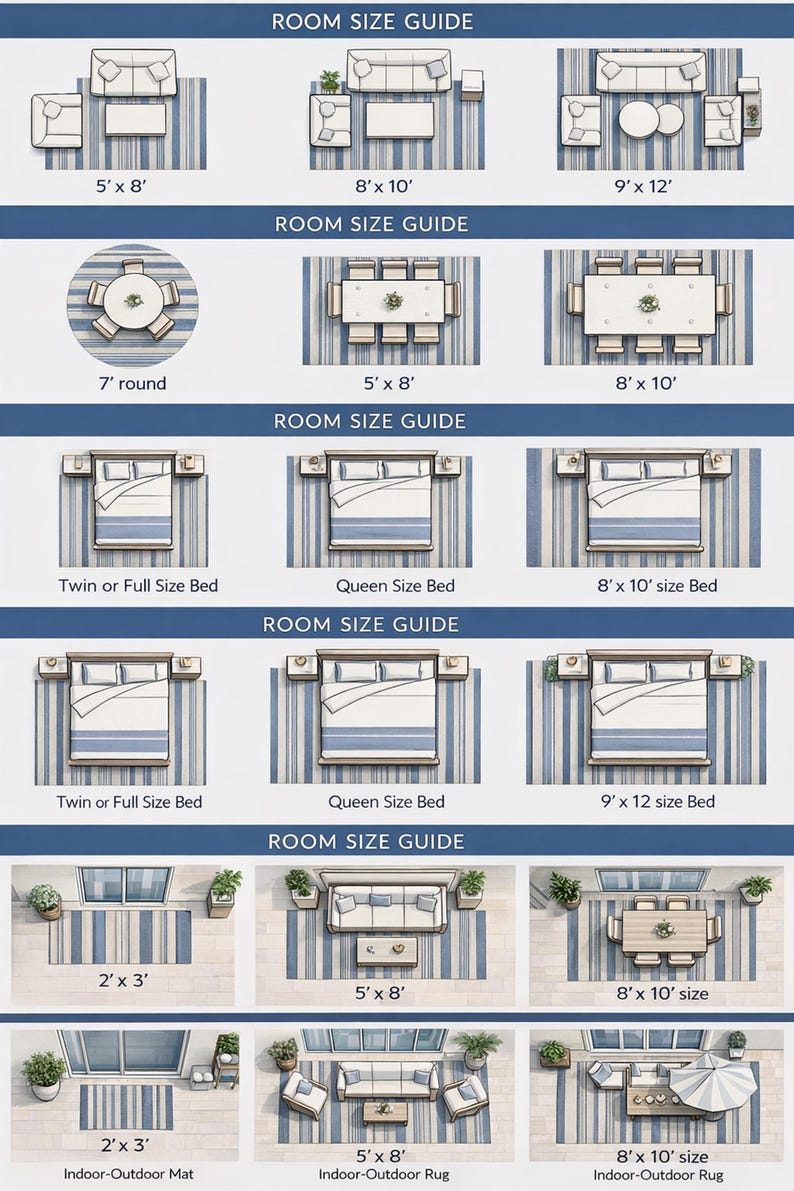 K&ouml;nnte beinhalten: Ein Raumgr&ouml;&szlig;en-Leitfaden mit Beispielen f&uuml;r Raumaufteilungen. Enth&auml;lt Grundrisse f&uuml;r Wohnzimmer, Esszimmer und Schlafzimmer mit Abmessungen wie 152 x 244 cm, 244 x 305 cm und 274 x 366 cm. Zeigt auch ein rundes Layout von 213 cm und Gr&ouml;&szlig;en f&uuml;r Innen- und Au&szlig;enbereichsteppiche.