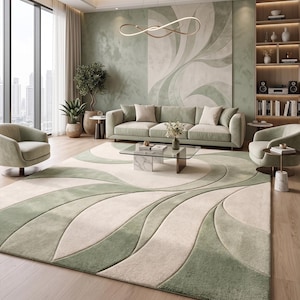 May include: A large area rug featuring a curved, abstract pattern in shades of sage green and cream. The rug has a textured, tufted surface with varying pile heights that create a dimensional, wave-like design across the entire rectangular floor covering.
