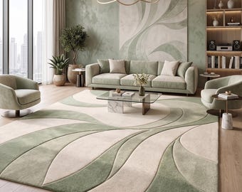 Handgetuft wollen tapijt, saliegroen abstract tapijt, modern geometrisch tapijt, luxe handgemaakt wollen tapijt, eigentijds woonkamertapijt,