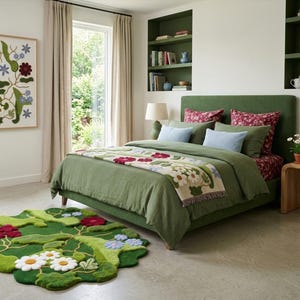 Handgetufteter Moosteppich, botanischer Blumenteppich mit 3D-Textur, Natur inspiriert Boho-Dekor, Cottagecore, Wald-Thema, handgemachter Wollteppich Bild 8