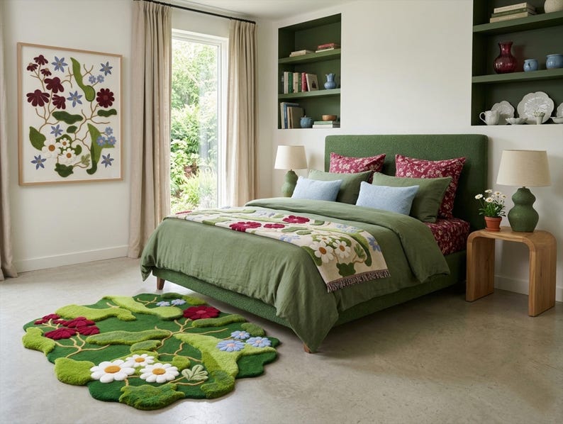 Handgetufteter Moosteppich, botanischer Blumenteppich mit 3D-Textur, Natur inspiriert Boho-Dekor, Cottagecore, Wald-Thema, handgemachter Wollteppich Bild 8