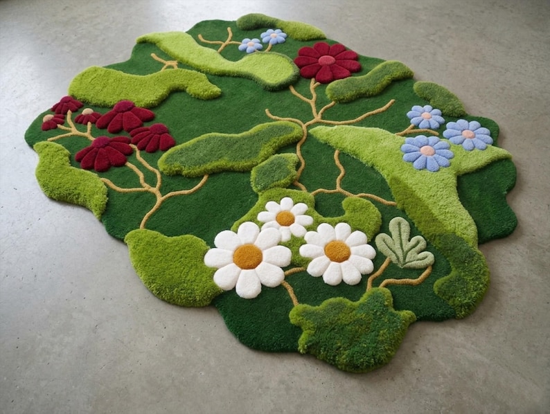 Handgetufteter Moosteppich, botanischer Blumenteppich mit 3D-Textur, Natur inspiriert Boho-Dekor, Cottagecore, Wald-Thema, handgemachter Wollteppich Bild 2