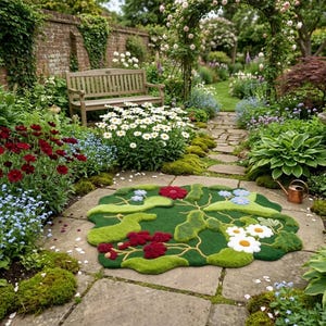 Handgetufteter Moosteppich, botanischer Blumenteppich mit 3D-Textur, Natur inspiriert Boho-Dekor, Cottagecore, Wald-Thema, handgemachter Wollteppich Bild 3
