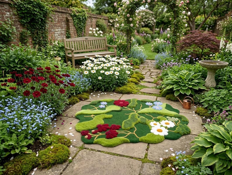 Handgetufteter Moosteppich, botanischer Blumenteppich mit 3D-Textur, Natur inspiriert Boho-Dekor, Cottagecore, Wald-Thema, handgemachter Wollteppich Bild 3