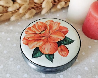 Vintage-Metalldose mit orangefarbenem Blumenmuster – 1960er–1980er Jahre – Dekorative Retro-Dose zur Aufbewahrung kleiner Schätze