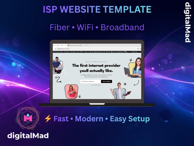 Pu&ograve; includere: Un laptop che mostra un modello di sito web ISP. Lo schermo mostra un design di sito web con il testo "The first internet provider you'll actually like." L'immagine include anche le parole "Fiber, WiFi, Broadband, Fast, Modern, Easy Setup."