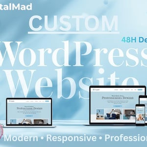 May include: A digital advertisement for custom WordPress website design. The image shows a laptop, tablet, and smartphone displaying a website design. Text includes "CUSTOM", "WordPress Website", "48H Delivery", and "Modern • Responsive • Professional".