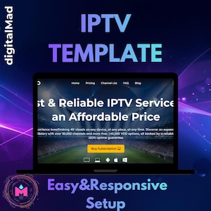Può includere: Uno schermo di un laptop mostra un modello IPTV con il testo "IPTV TEMPLATE" in viola e blu. Il sito web promuove un servizio IPTV affidabile a un prezzo accessibile, con immagini 4K e oltre 30.000 canali.
