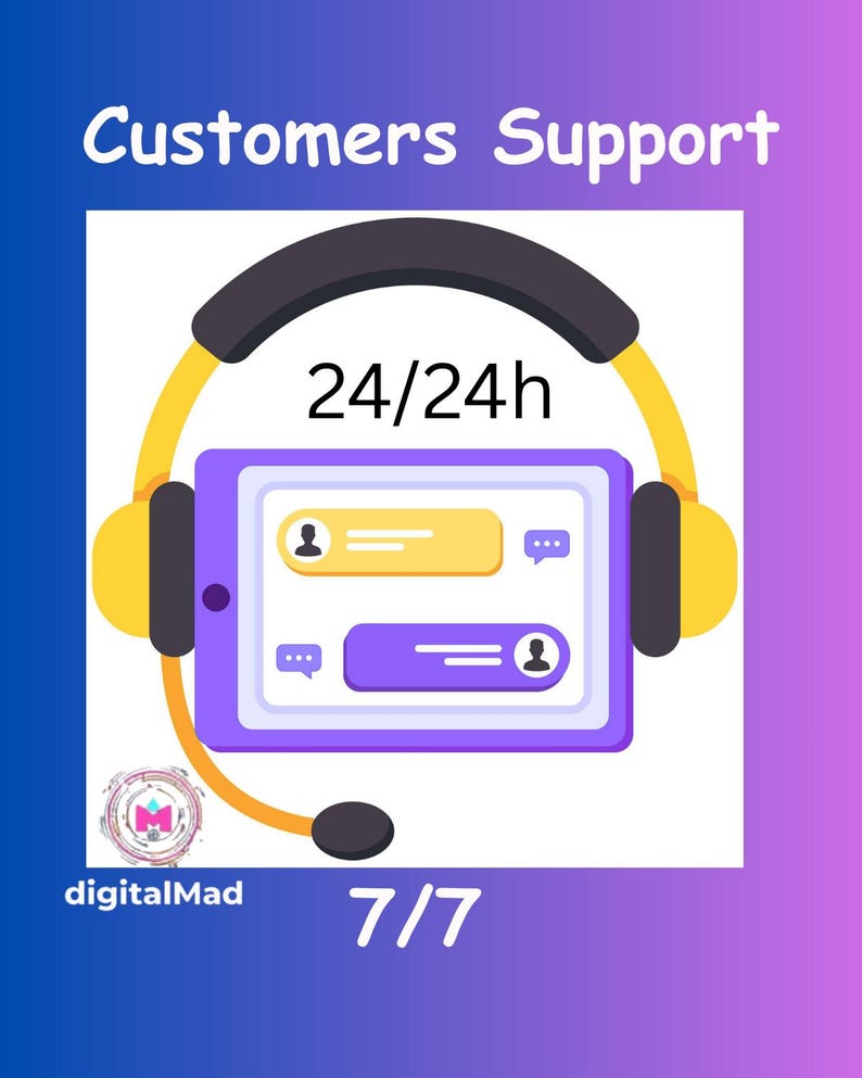 Pu&ograve; includere: Illustrazione di una cuffia sopra un tablet con fumetti di chat e icone utente. Il testo "Customers Support" e "24/24h" sono in alto, con "7/7" in basso. Il logo "digitalMad" si trova in basso a sinistra.