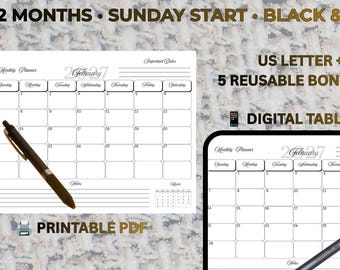 Peut inclure: Un planificateur mensuel 2027 en noir et blanc avec un début le dimanche. Le fichier numérique comprend 12 mois, des formats US Letter et A4, 5 pages bonus réutilisables, conçu pour une impression PDF ou une utilisation sur tablette numérique.