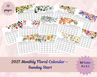 Floral Monthly Calendar 2026–2027 – Sunday Start, Black & White Friendly (Digital Download)