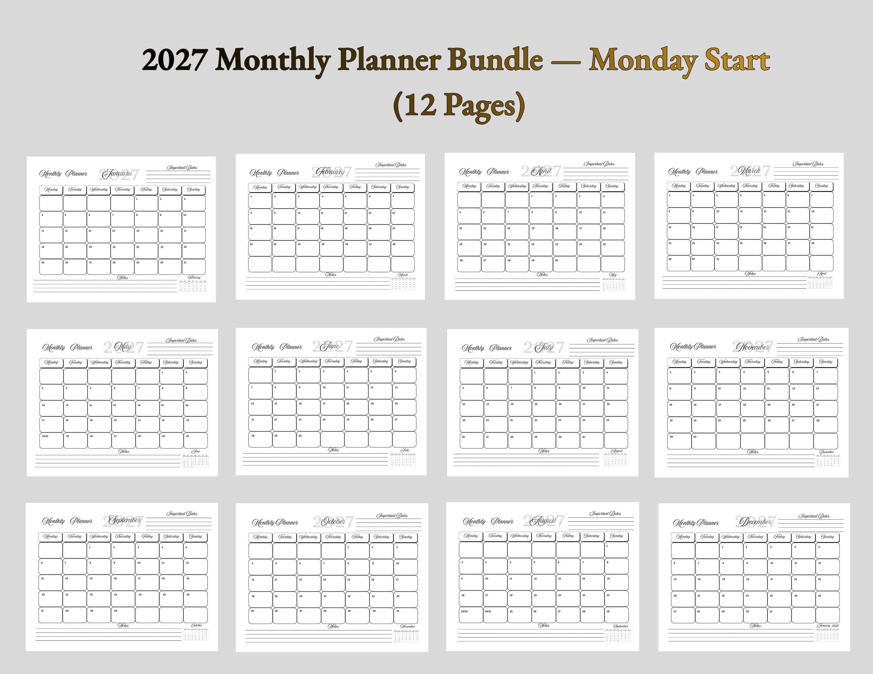 Printable Monthly Calendar 2026–2027 | Monday Start | A4 | Black