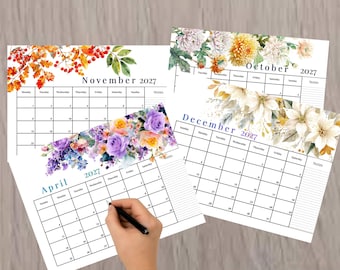Calendrier mensuel floral 2026-2027 - Début du dimanche, noir et blanc (téléchargement numérique)