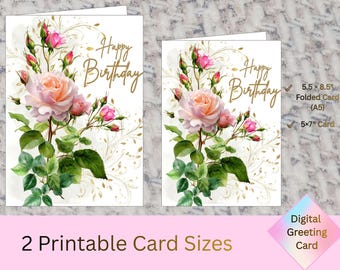 Floral Rose Happy Birthday Card, Watercolor Greeting (5x7, PDF/PNG)