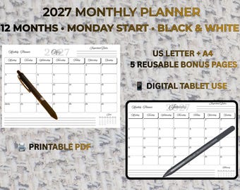 May include: A 2027 monthly planner in black and white, featuring 12 months with a Monday start. Includes US Letter and A4 sizes, 5 reusable bonus pages, and is designed for printable PDF use or digital tablet use with a stylus pen included.