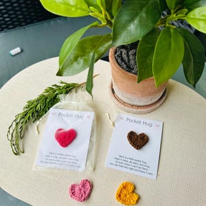 Op de afbeelding: Handgemaakte gehaakte hartvormige Pocket Hugs in rood, bruin, roze en geel. Elk hart wordt gepresenteerd met een kaart met de tekst "Pocket Hug" en een bericht. Een potplant staat op de achtergrond.