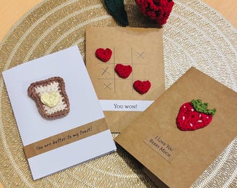 Gehäkelte Muttertags Karte- lustige karte - Handgemachte Karte mit Toast oder Erdbeere | Muttertag Karte - lustige spruche karte