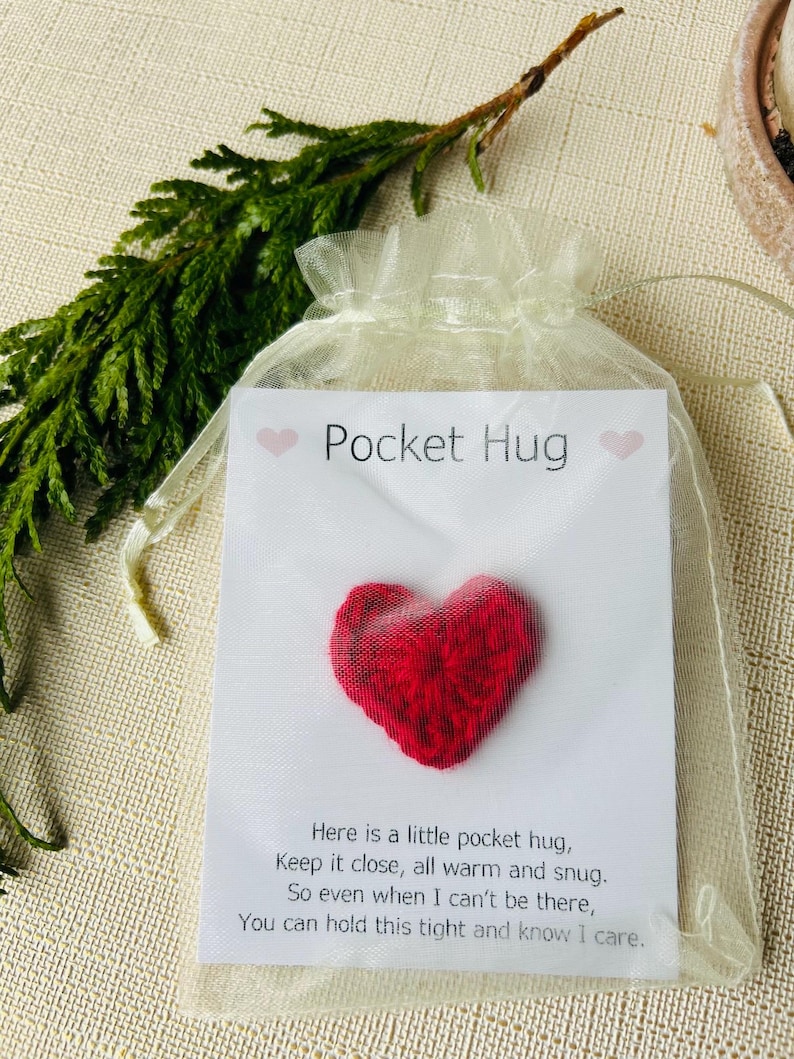 Op de afbeelding: Een klein, rood, hartvormig item in een doorzichtige organza zak. De zak bevat een kaart met de woorden "Pocket Hug" en een gedicht. De achtergrond bevat groen en een neutraal gekleurd oppervlak.