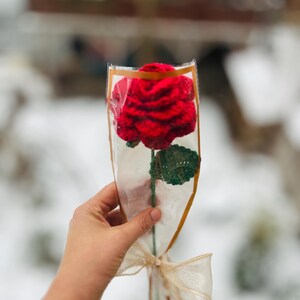 May include: A handmade red crochet rose in a clear cellophane wrapper, tied with a gold ribbon. The rose has green leaves and a long stem. The background is blurred, with a snowy outdoor scene.