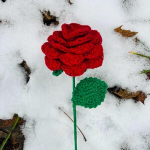 May include: A handmade crochet rose with a vibrant red bloom, green stem, and leaf. The flower is set against a snowy backdrop, showcasing the intricate details of the yarn work. A unique, handcrafted floral accent.