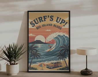 Surf's Up Vintage Beach Poster: Retro Wave, Sunset, Coastal Decor