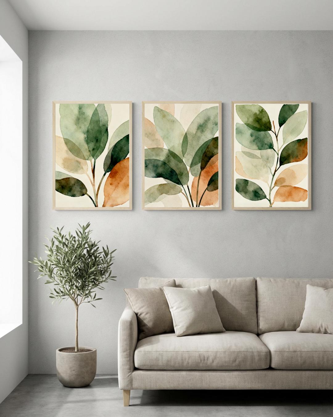 Set of 3 Green Botanical Wall Art Prints, Modern Watercolor Leaf Poster ...