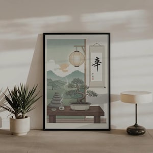 Könnte beinhalten: Gerahmter Kunstdruck mit einer ruhigen japanischen Gartenszene. Das Kunstwerk zeigt einen Bonsai-Baum, einen Steinhaufen und eine Hängelaterne. Eine Schriftrolle mit japanischen Schriftzeichen hängt an der Wand. Die Farbpalette umfasst Grün-, Braun- und sanfte Blautöne.