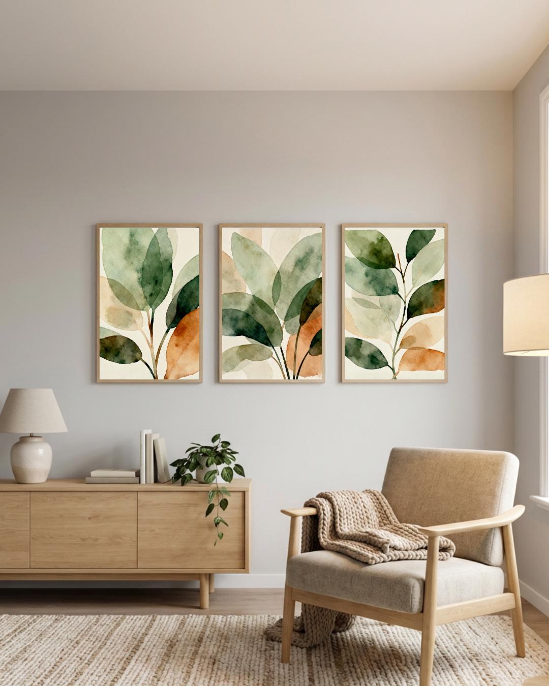 Set of 3 Green Botanical Wall Art Prints, Modern Watercolor Leaf Poster ...
