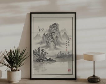 Chinese inkt landschap muurkunst vintage Aziatische berg poster zen decor traditionele sumi-e print minimalistische oosterse muurkunst