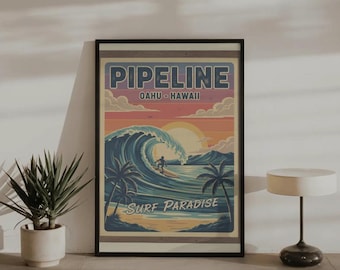 Pipeline Hawaii Surf Print – Vintage Oahu Retro Wall Art
