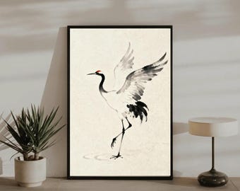Japoński żuraw Sumi-e – wydruk artystyczny | Minimalistyczny wystrój zen