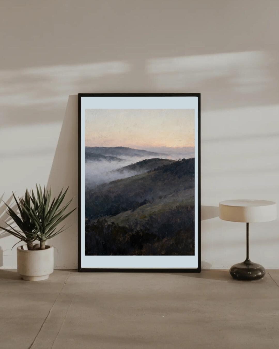 Misty Mountain Landscape Wall Art Print, Moody Sunrise Painting for ...