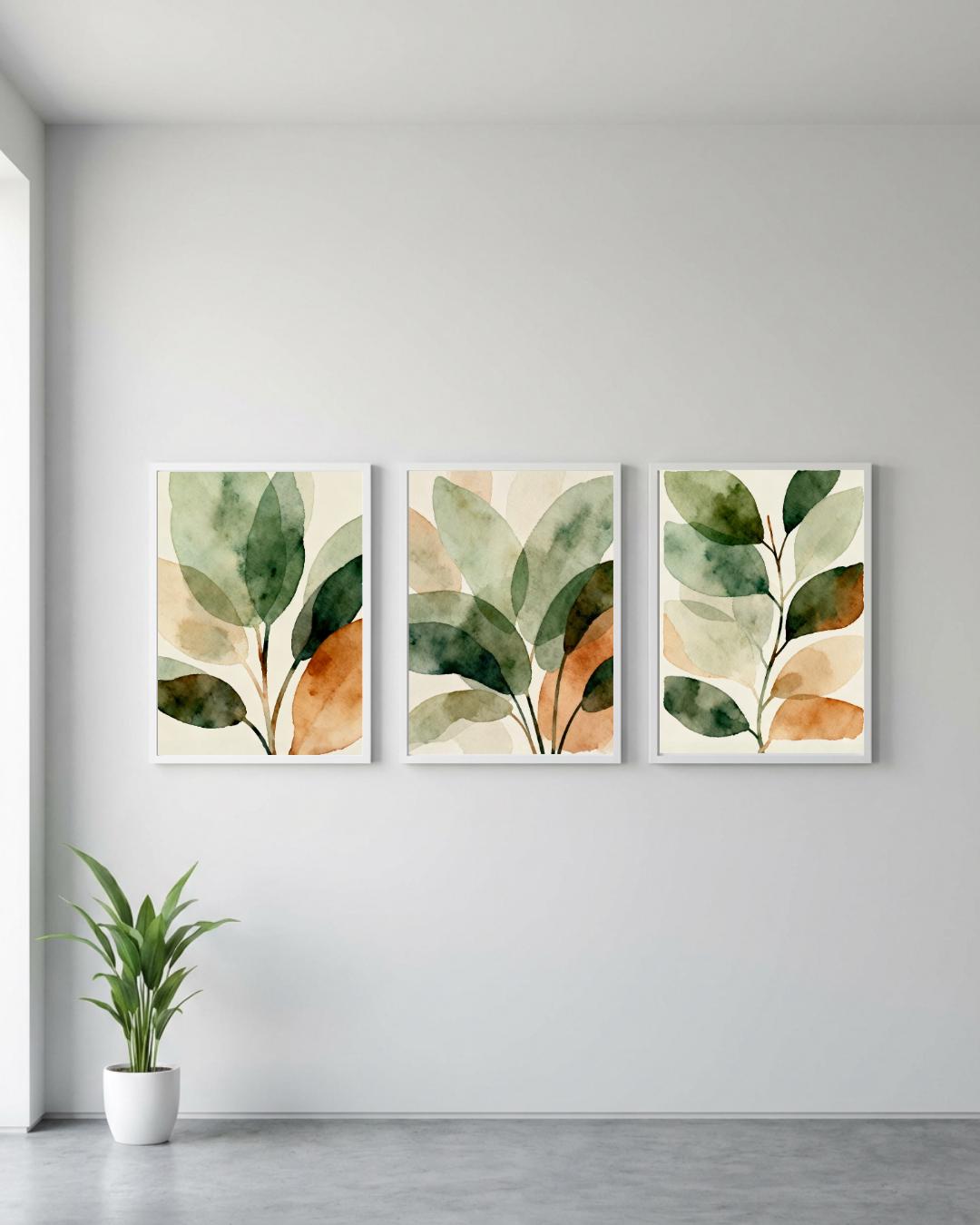 Set of 3 Green Botanical Wall Art Prints, Modern Watercolor Leaf Poster ...