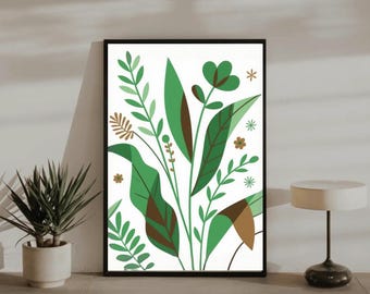 Scandinavian Botanical Print, Green Leaf Wall Art, Nordic Nature Illustration