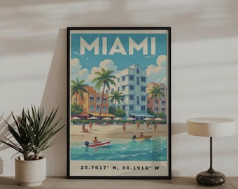 Miami Beach Retro Travel Poster, Art Deco Coastal Illustration, Tropical Summer Vibes