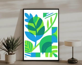 Abstract Botanical Geometric Poster, Green Blue Mid Century Wall Art, Minimalist Plant Print