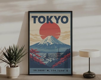 Tokyo Mount Fuji Vintage Travel Poster, Japanese Landscape Wall Art