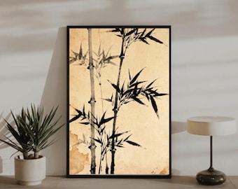 Impressão artística japonesa em bambu com tinta | Zen Sumi-e, decoração Wabi-Sabi