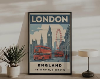 Reseaffisch för London och England, illustration av Big Bens röda buss, vintage stadslandskapskonst
