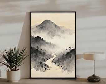 Póster de paisaje de montaña y río con tinta japonesa, pintura Sumi-e minimalista zen, decoración de naturaleza asiática para el hogar o la oficina.