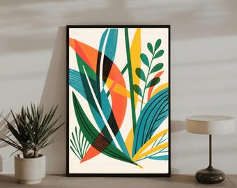 Estampado botánico abstracto, hojas tropicales coloridas, arte moderno de mediados de siglo, decoración de naturaleza audaz