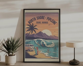 North Shore Pipeline Hawaii Surf Poster, Oahu Beach Wall Art, Retro Tropical Decor