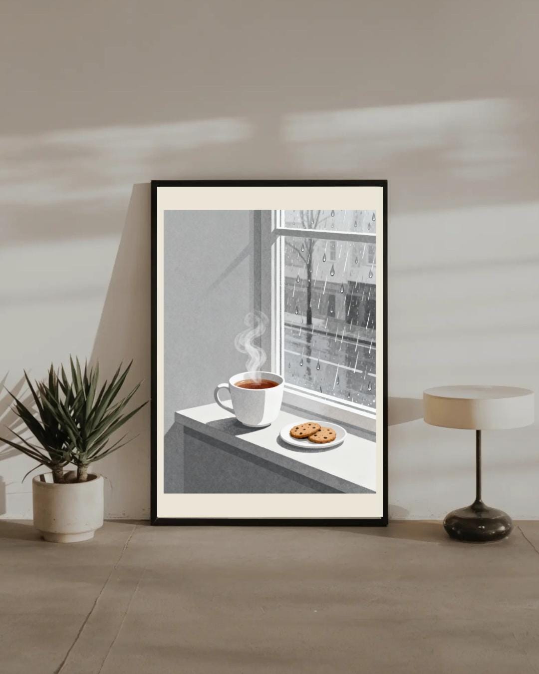 Window Scene Poster Cozy Rainy Day Wall Art Print With Tea and Cookies, Minimalist Window ...