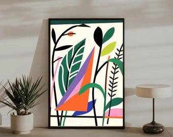 Abstract Botanical Geometric Poster, Mid Century Plant Art Print, Colorful Wall Decor